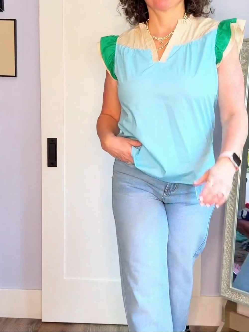 Light Blue & Green Colorblock Flutter Sleeve Blouse